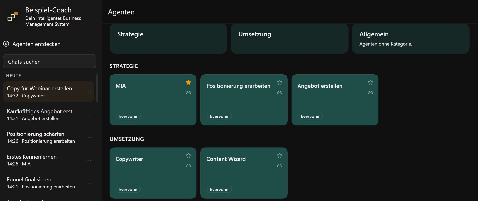 ScaleMind Agenten-Dashboard mit KI-Bots wie MIA, Positionierung, Angebot und Copywriter